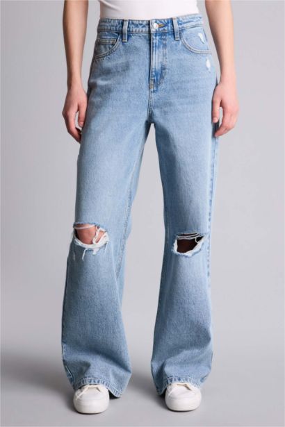 Yüksek Bel Geniş Paça Uzun Jean Pantolon