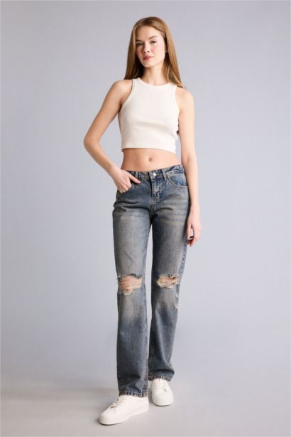 Slım Fıt Yırtık Detaylı Düşük Bel Jean