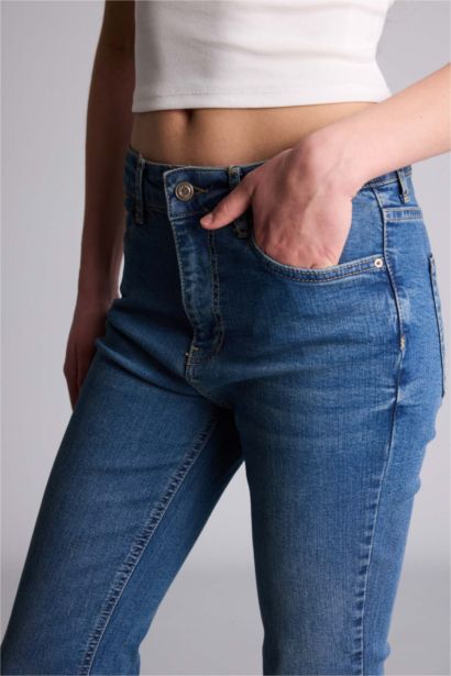 Mia Flare Fıt Yüksek Bel Uzun Jean Yıkamalı Pantolon