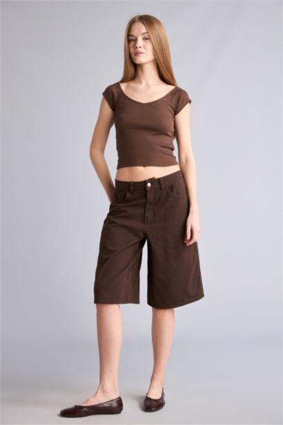 Fitted V Yaka Kaşkorse Tişört