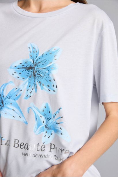 Regular Fit Crew Neck Floral Light Blue T-Shirt