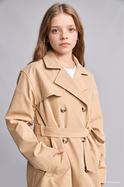 Girl Beige Water-Repellent Trench Coat