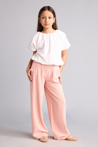 Wide Leg Keten Karışımlı Pantolon Kız Çocuk