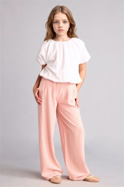 Wide Leg Keten Karışımlı Pantolon Kız Çocuk
