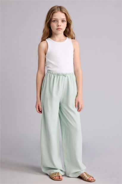 Wide Leg Keten Karışımlı Pantolon Kız Çocuk