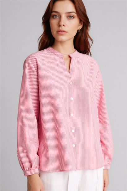 قميص كم طويل بوبلين قصة عادية بياقة مستديرة