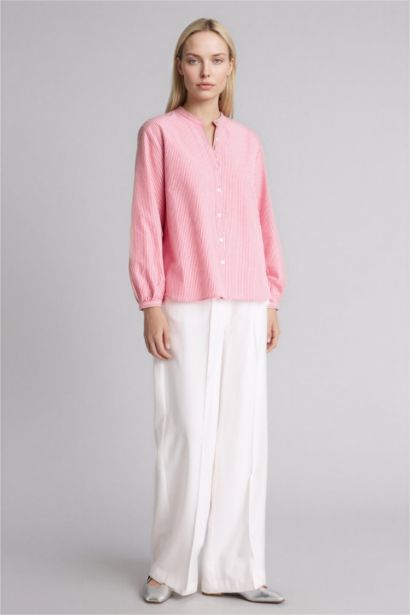 قميص كم طويل بوبلين قصة عادية بياقة مستديرة