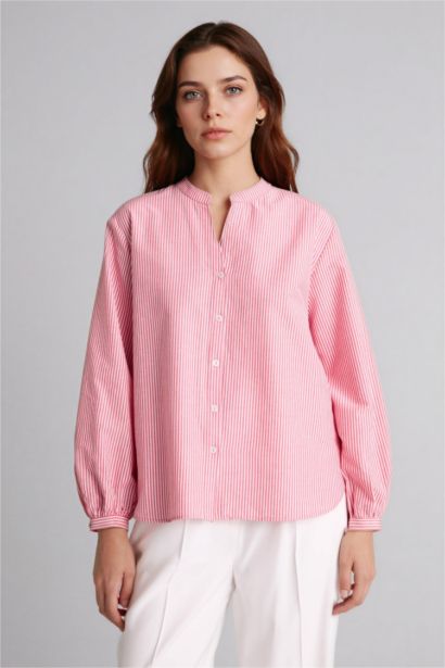 قميص كم طويل بوبلين قصة عادية بياقة مستديرة