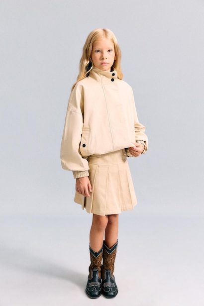 Girl Light Beige Water Repellent High Neck Jacket