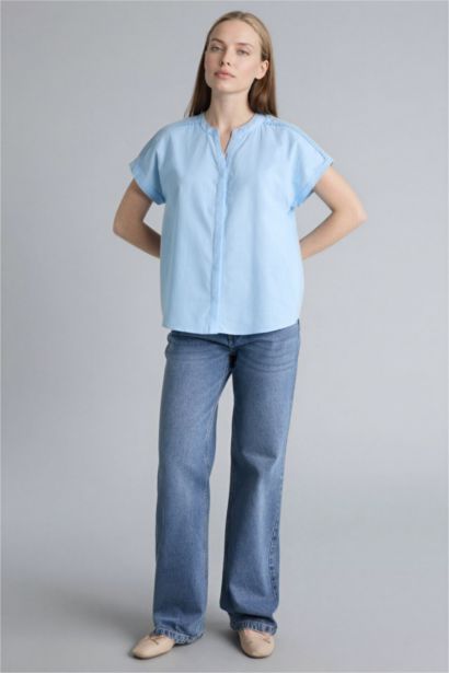 Regular Fıt Bisiklet Yaka Flamlı Pamuk Kısa Kollu Gömlek