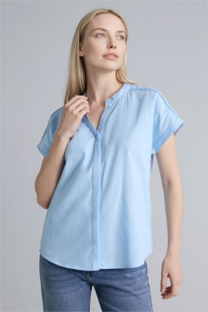 Regular Fıt Bisiklet Yaka Flamlı Pamuk Kısa Kollu Gömlek