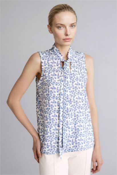 Regular Fit Scarf Collar Printed Sleeveless Blouse