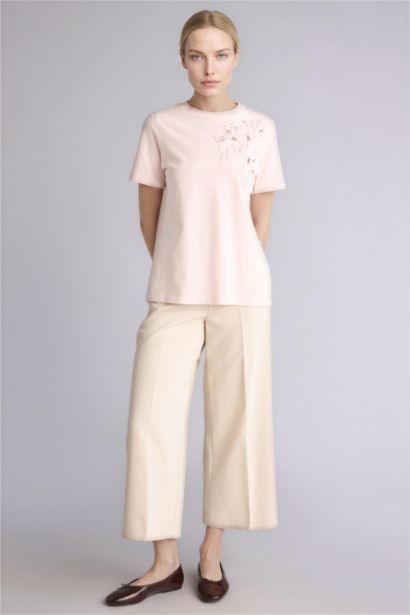 Regular Fıt Bisiklet Yaka Nakış Baskı Baskılı Penye Kısa Kollu Tişört