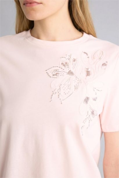 Regular Fıt Bisiklet Yaka Nakış Baskı Baskılı Penye Kısa Kollu Tişört