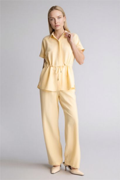 Regular Fıt Polo Yaka Keten Karışımlı Kısa Kollu Gömlek