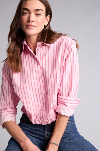 Balloon Fıt Gömlek Yaka Çizgili Poplin Uzun Kollu Gömlek