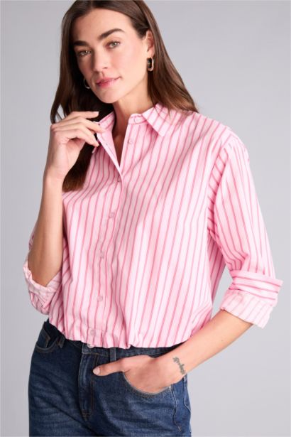 Balloon Fıt Gömlek Yaka Çizgili Poplin Uzun Kollu Gömlek
