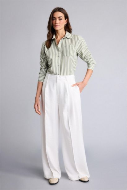 Oversıze Gömlek Yaka Çizgili Poplin Uzun Kollu Gömlek