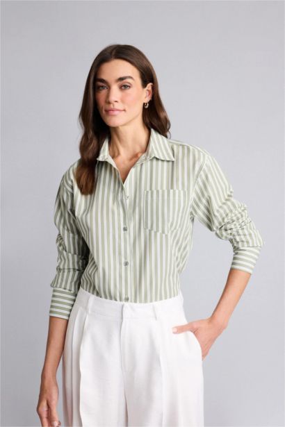 Oversıze Gömlek Yaka Çizgili Poplin Uzun Kollu Gömlek