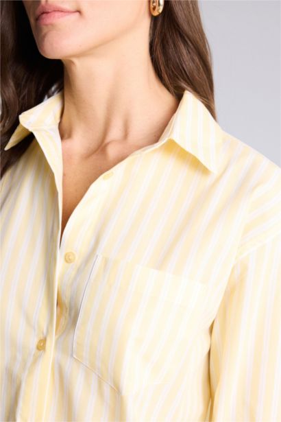 Oversıze Gömlek Yaka Çizgili Poplin Uzun Kollu Gömlek