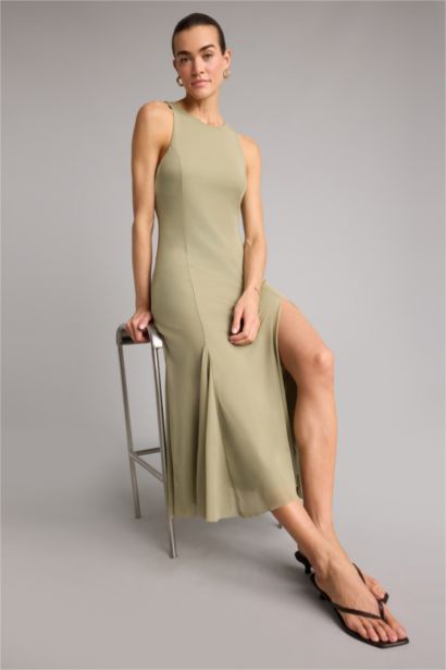 Bisiklet Yaka Tül Kolsuz Midi Elbise