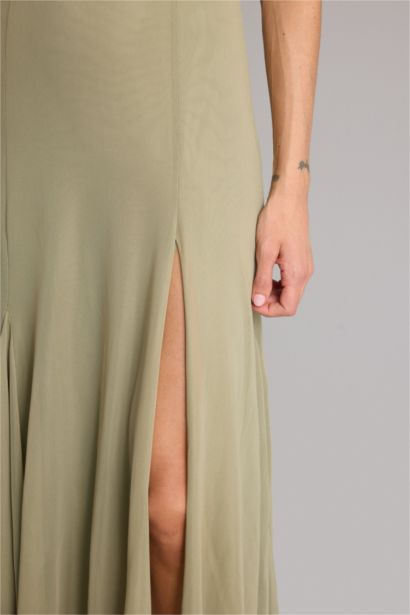 Bisiklet Yaka Tül Kolsuz Midi Elbise