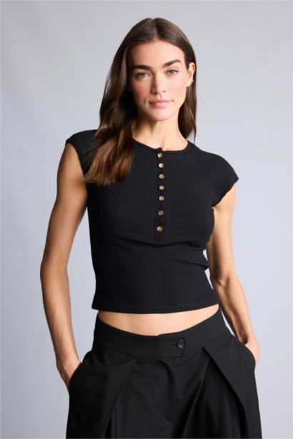 Slım Fıt Bisiklet Yaka Fitilli Kaşkorse Kısa Kollu Tişört