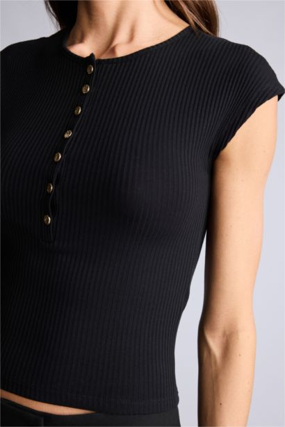 Slım Fıt Bisiklet Yaka Fitilli Kaşkorse Kısa Kollu Tişört