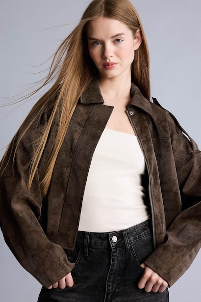 Polo Collar Balloon Fit Faux Leather Jacket