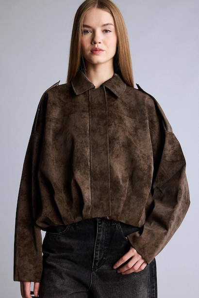 Polo Collar Balloon Fit Faux Leather Jacket