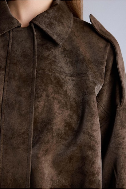 Polo Collar Balloon Fit Faux Leather Jacket