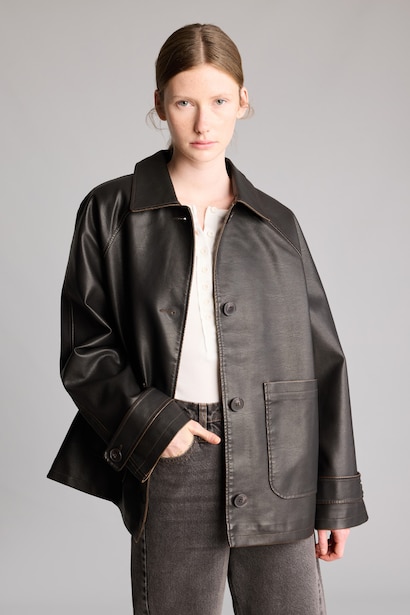 Polo Collar Regular Fit Faux Leather Jacket