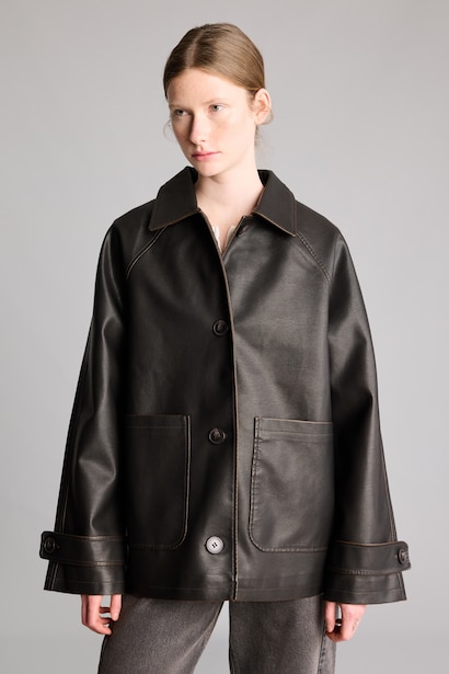 Polo Collar Regular Fit Faux Leather Jacket