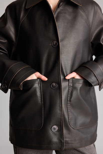 Polo Collar Regular Fit Faux Leather Jacket