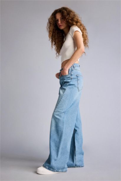Wıde Leg Yüksek Bel Uzun Jean Yıkamalı Pantolon