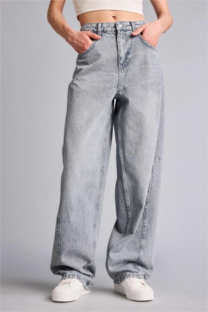 Baggy Fıt Yüksek Bel Uzun Jean Yıkamalı Pantolon