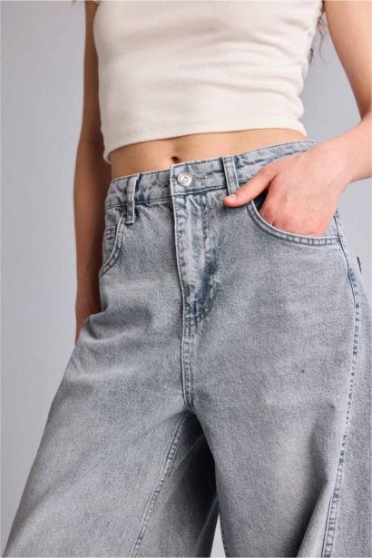 Baggy Fıt Yüksek Bel Uzun Jean Yıkamalı Pantolon