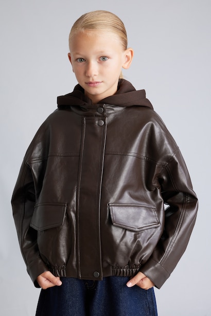 Girls Faux Leather with Patch Pockets Hooded Jacket