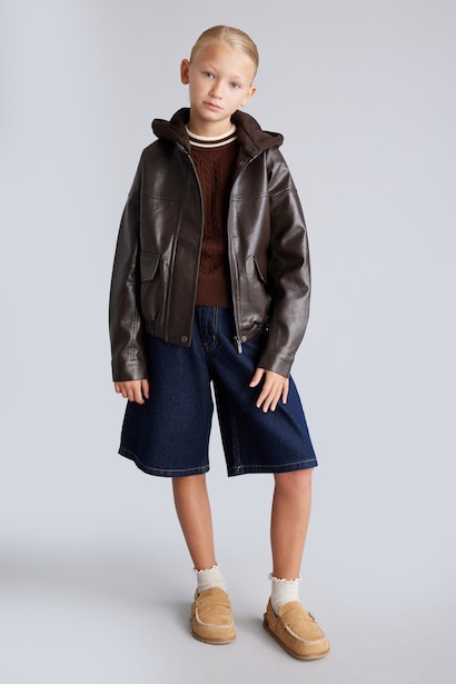 Girls Faux Leather with Patch Pockets Hooded Jacket