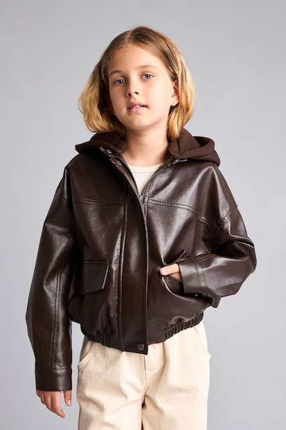 Suni Deri Kapüşonlu Mont Kız Çocuk