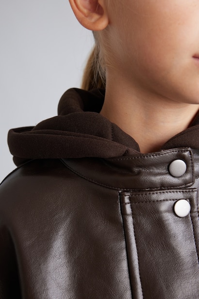 Girls Faux Leather with Patch Pockets Hooded Jacket