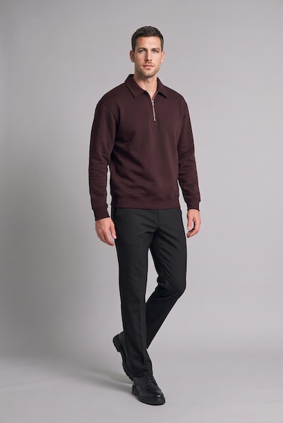 Regular Fit Thick Cotton Fabric Polo Collar Sweatshirt
