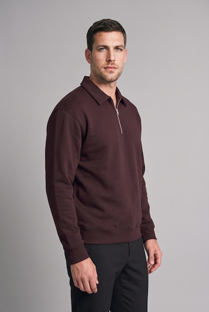 Regular Fit Thick Cotton Fabric Polo Collar Sweatshirt