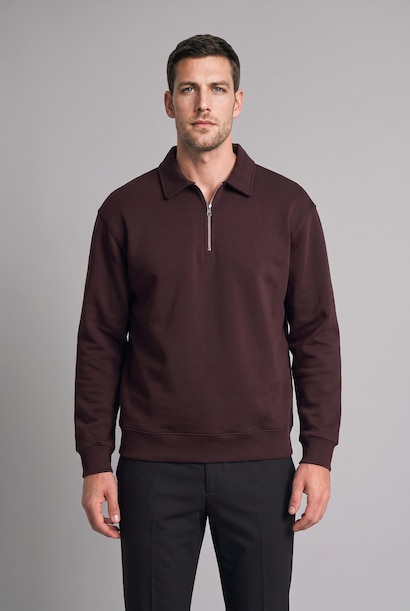 Regular Fit Thick Cotton Fabric Polo Collar Sweatshirt