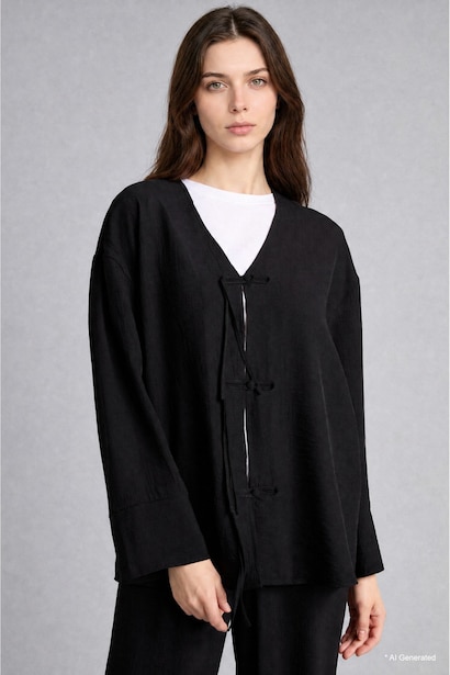 Regular Fit V-Neck Crinkle Fabric Black Kimono