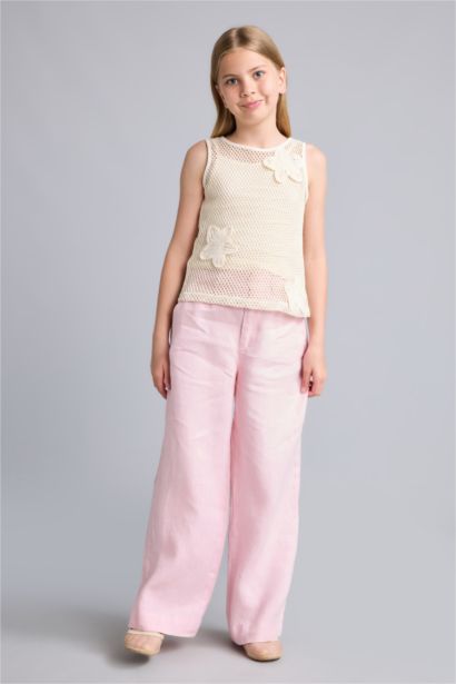 %100 Keten Wide Leg Keten Pantolon Kız Çocuk