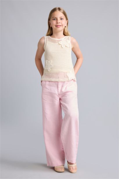 %100 Keten Wide Leg Keten Pantolon Kız Çocuk