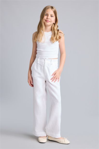 %100 Keten Wıde Leg Pantolon Kız Çocuk