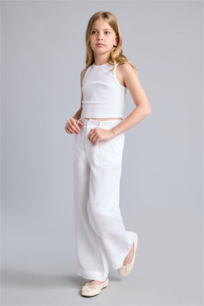 %100 Keten Wıde Leg Pantolon Kız Çocuk