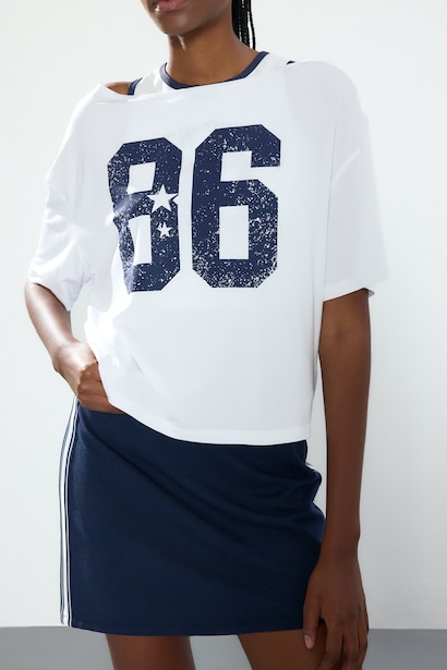 Loose Fit Boat Collar Slogan Modal Short Sleeve T-Shirt